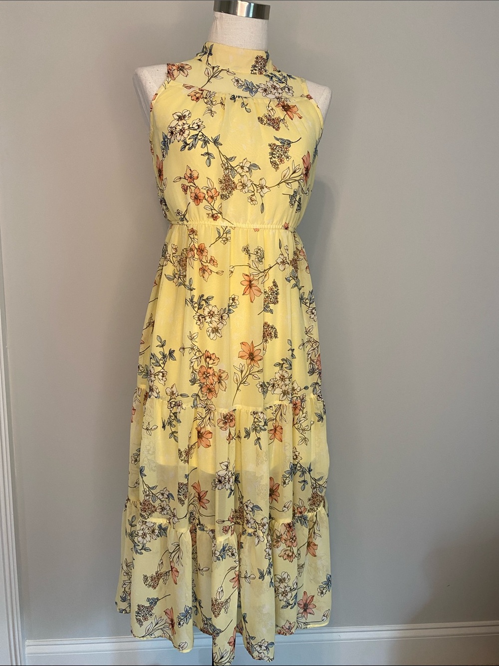 Yellow Floral Halter Midi Dress